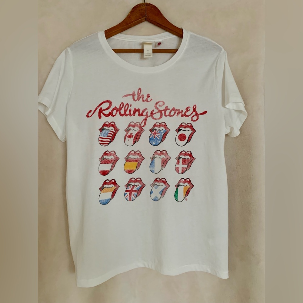 Women’s H&M White Tee with Rolling Stone Tongue Graphic